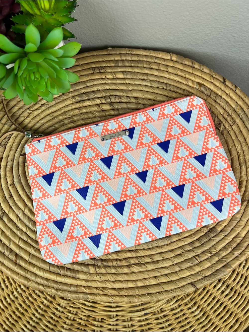Stella & Dot Coral, Blue & Light Peachy Pink Geometric Clutch Travel Bag